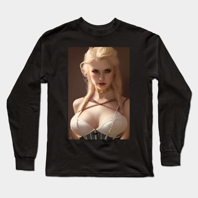 Sexy Blonde Vampire in Corset with Gold Choker Long Sleeve T-Shirt by PrancingPeekees